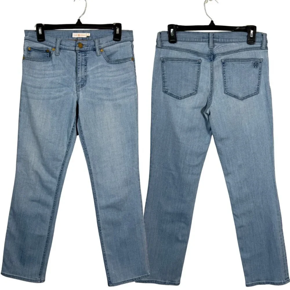 Tory Burch Straight Leg Denim Jeans Womens 28 Blue Stretch Logo Designer Classic